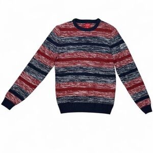 Vintage GUESS Navy Blue Red Striped Knit Crewneck Logo Sleeve Sweater Preppy Y2K